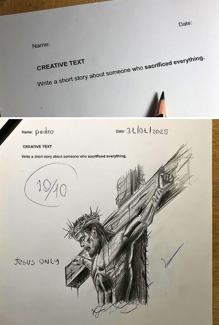 Creative text assignment with detailed pencil drawing of Jesus crucified, illustrating sacrifice in a powerful photo for Spill Now.