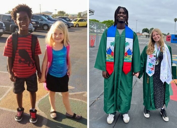 Two friends holding hands as children and later wearing graduation gowns, highlighting inspiring spill now moments.