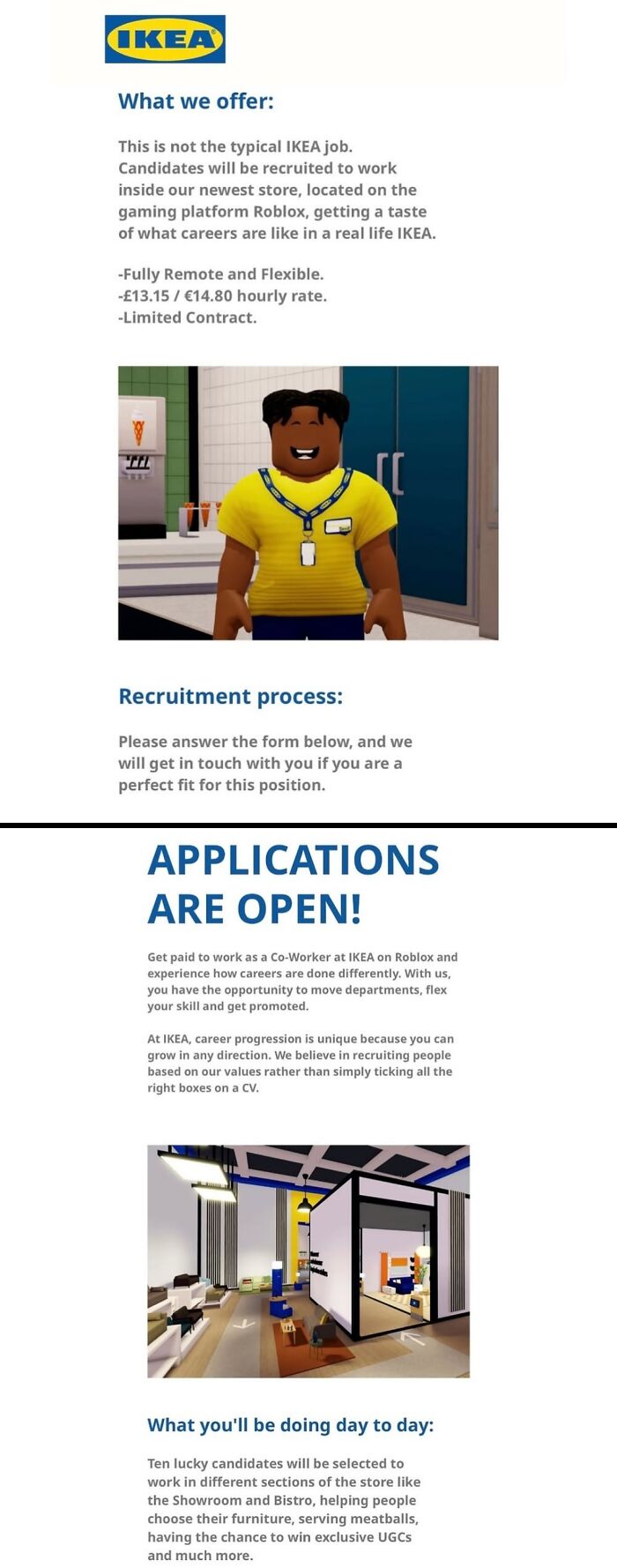 IKEA Roblox job recruitment ad showing virtual store and avatar for Spill Now photos and facts context.