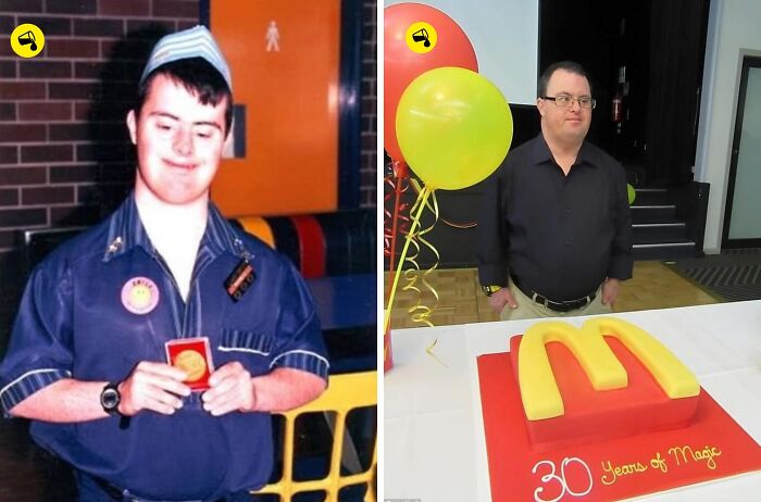 Young man in McDonald's uniform holding an award, and the same man years later with a 30th anniversary cake and balloons.