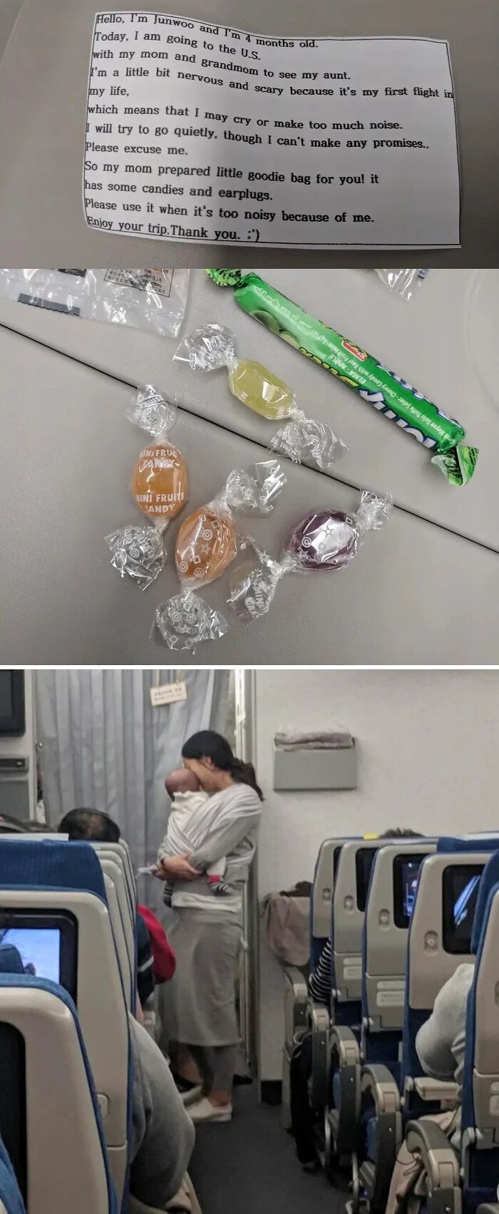 Note with candies and earplugs for airplane passengers, and a mother holding a baby on a flight, spill now facts.