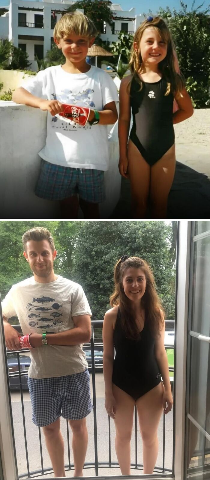 Side-by-side photos of a boy and girl growing up, illustrating unique facts from Spill Now.