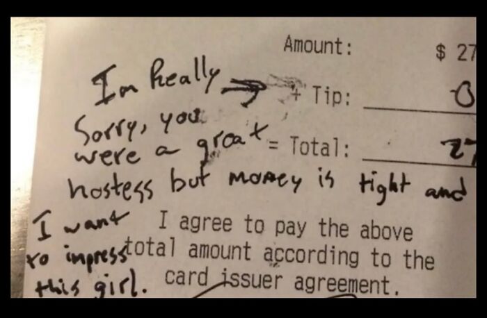 Handwritten apology note on a receipt with no tip, reflecting a real-world moment from Spill Now photos and facts.