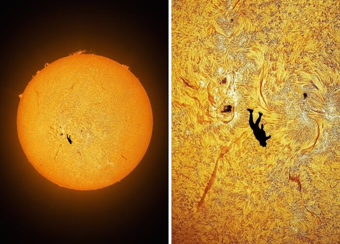 Silhouetted figure against a detailed sun surface, illustrating unique photos to see our world in a different light.