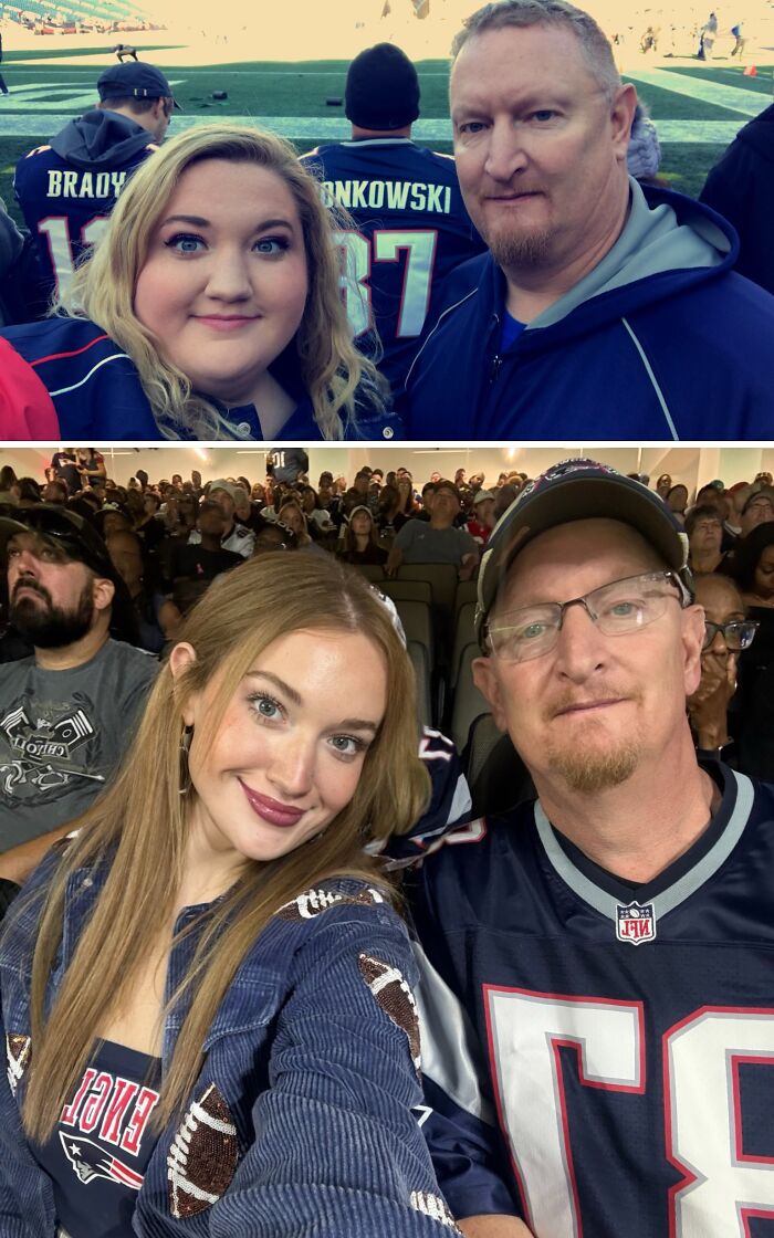 Fans wearing football jerseys at a stadium and indoor sports event, capturing moments that might make you see our world differently.