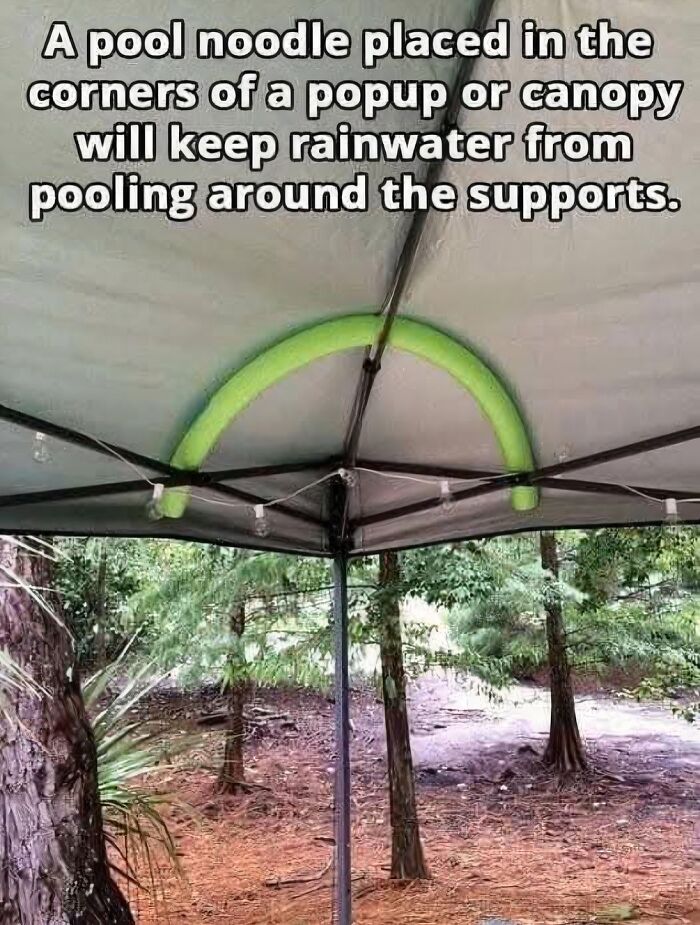 Pool noodle used as a rainwater guard on canopy supports showcasing redneck engineering ingenuity and practical innovation.
