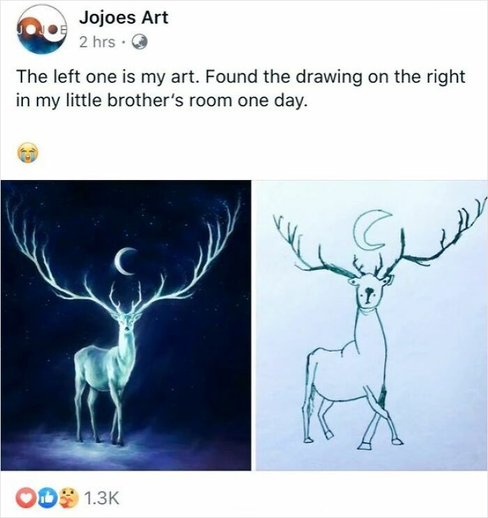Side-by-side sibling drawings of a glowing stag under a crescent moon, showcasing gratitude and creativity in art.