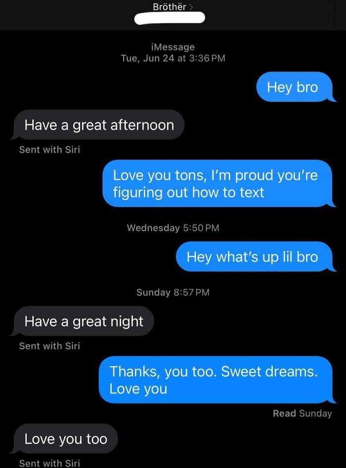 Text message conversation showing siblings exchanging loving and supportive messages, highlighting sibling gratitude and connection.