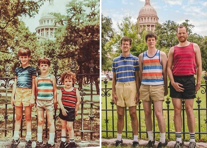 Three siblings posing in front of a historic building wearing striped shirts and shorts in a grateful sibling photo.