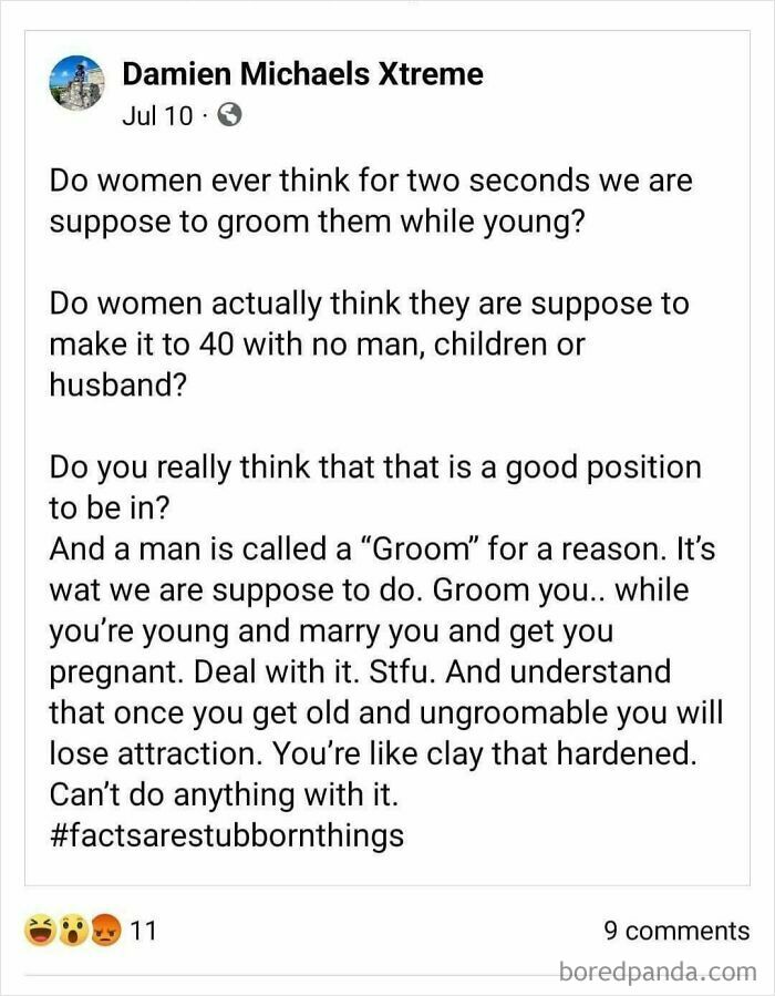 Social media post with cringe-worthy takes on women, discussing grooming, relationships, and outdated views on attraction.