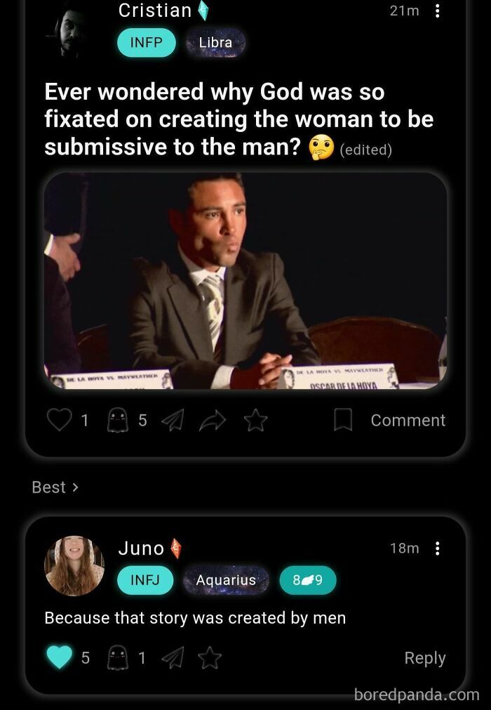 Social media post discussing cringe-worthy takes on women with a serious man in a suit at a panel event.