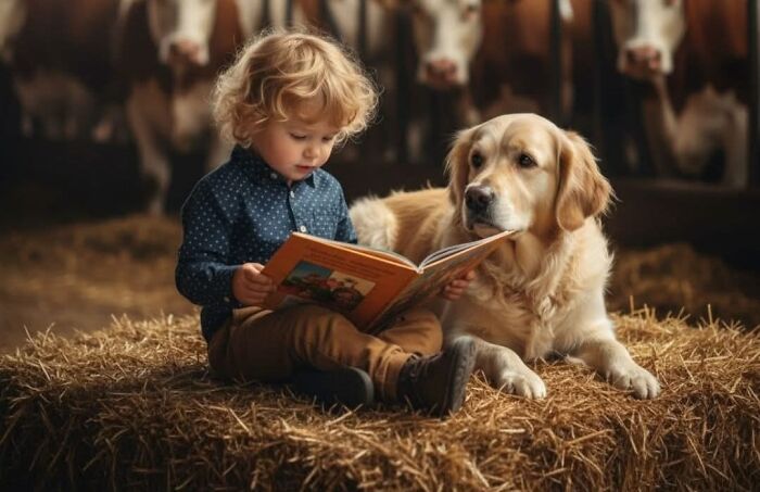 Young child reading a book beside a golden retriever on hay, capturing strange moments of our world with animals.