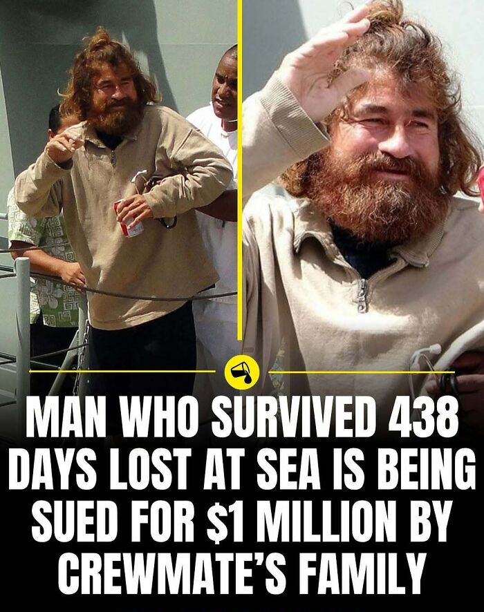 Bearded man waving after surviving 438 days lost at sea featured in spill now photos and facts article.