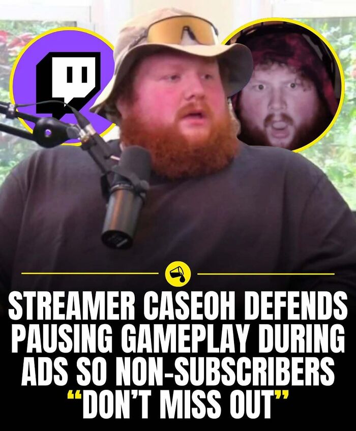 Streamer CaseOh speaking into a microphone during a Twitch session about pausing gameplay in ads spill now facts.