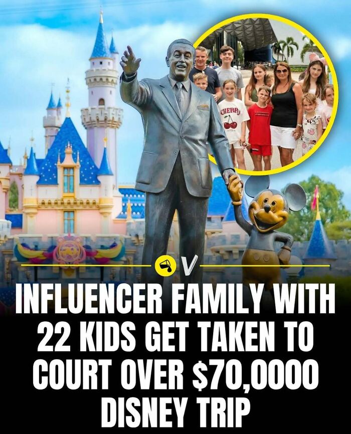 Statue of Walt Disney and Mickey Mouse in front of castle, inset shows large family, highlighting spill now facts.