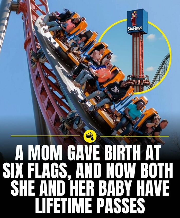 Roller coaster riders at Six Flags amusement park with a background image of a Six Flags tower ride.