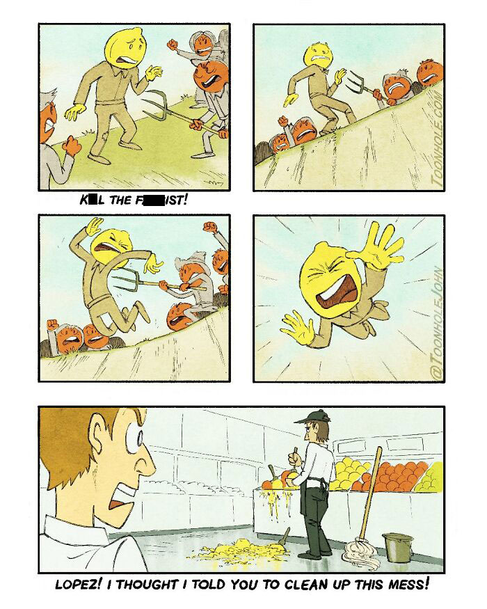 Dark humor comic panels showing a distressed yellow-faced character falling while angry figures shout, followed by a grocery store scene.