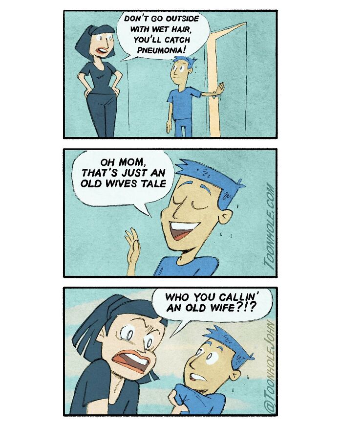 Dark humor comic strip by Toonhole John showing a mother warning her son about wet hair and pneumonia.