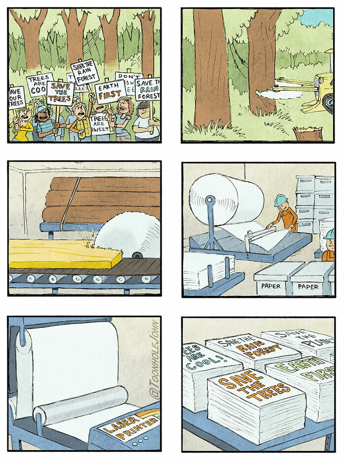 Dark humor comic by Toonhole John showing environmental protests turning into paper production against saving trees.