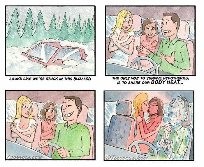 Dark humor comic by Toonhole John showing a blizzard, hypothermia survival advice, and an unexpected twist in the car.
