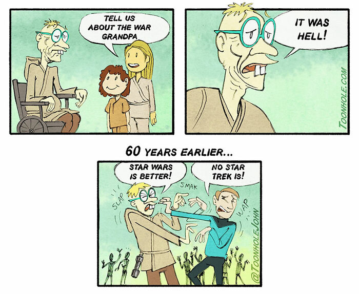 Dark humor comic by Toonhole John showing a grandpa recalling a battle between Star Wars and Star Trek fans.