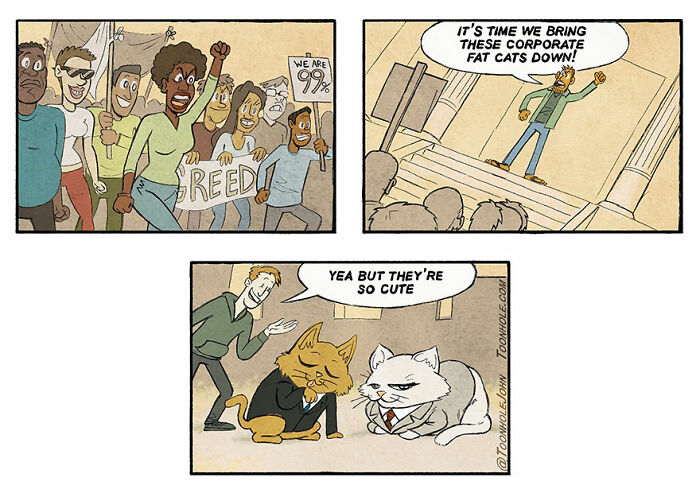 Dark humor comic panels by Toonhole John showing protests, a speaker, and talking cats in suits with sarcastic dialogue.