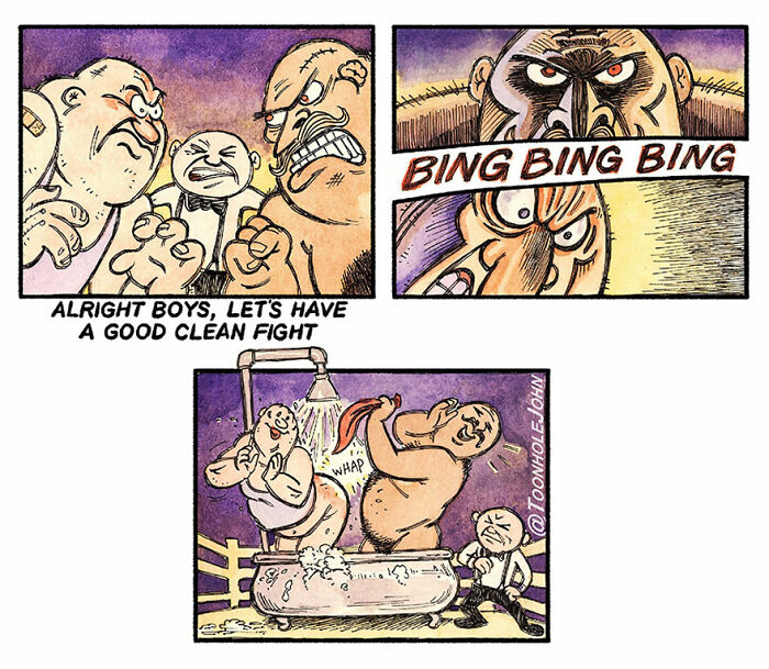 Dark humor comic strip by Toonhole John showing a chaotic fight turning into a playful bath scene with exaggerated characters.
