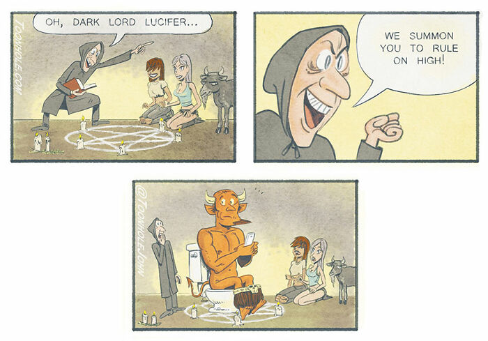 Dark humor comic panels by Toonhole John showing a summoning ritual with a devil on a toilet and surprised characters.