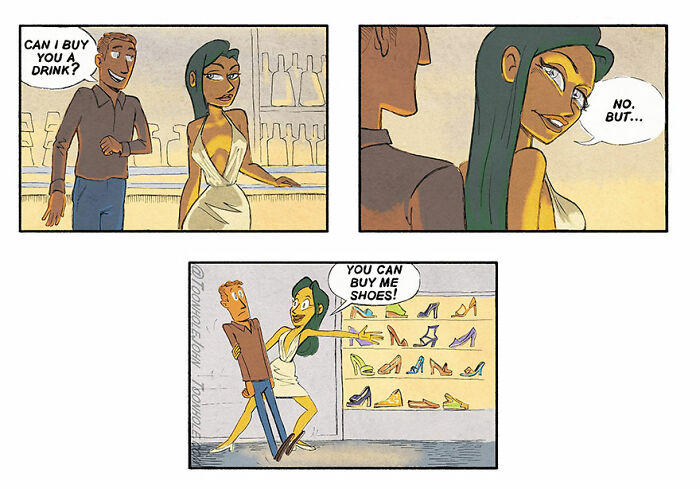 Dark humor comic by Toonhole John showing a woman asking a man to buy her shoes instead of a drink in three panels.