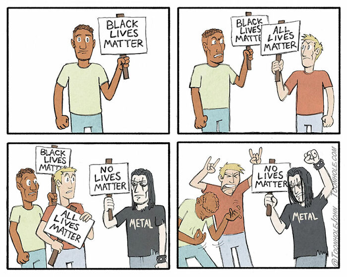 Four-panel dark humor comic by Toonhole John showing a debate over "Black Lives Matter," "All Lives Matter," and "No Lives Matter."
