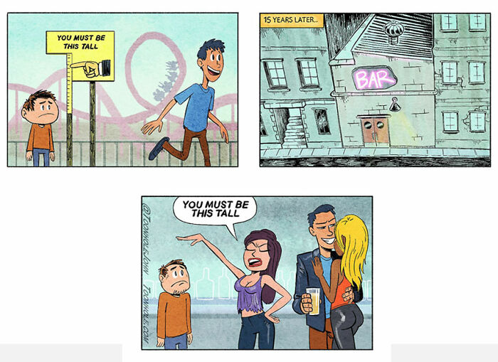 Dark humor comic panels featuring height requirements at a theme park and bar by Toonhole John.