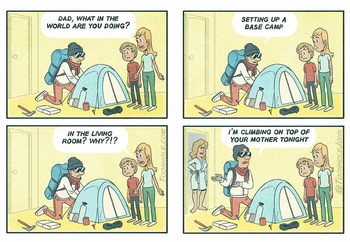 Comic strip by Toonhole John featuring dark humor with a man setting up a tent indoors and a humorous family exchange.