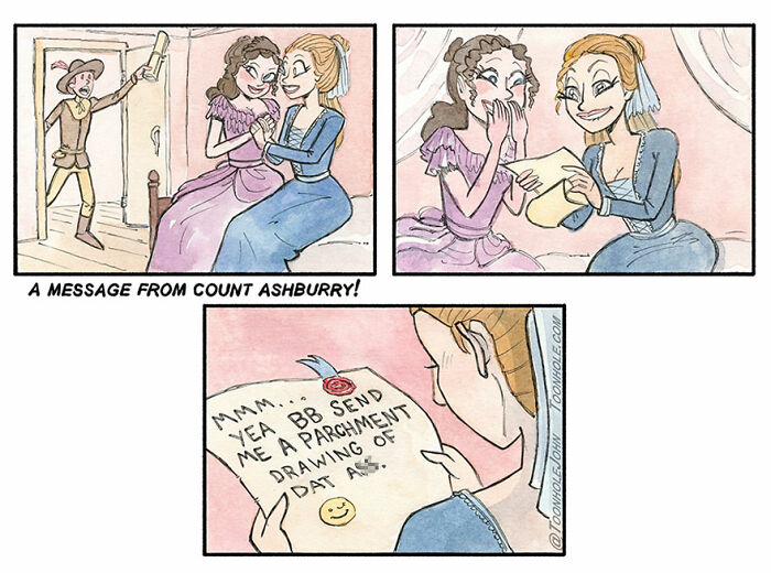 Comic panels featuring dark humor of two women reading a funny note from Count Ashburry in Toonhole John comics.