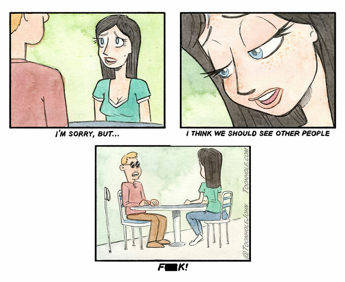 Dark humor comic by Toonhole John showing a breakup scene with characters discussing seeing other people at a table.
