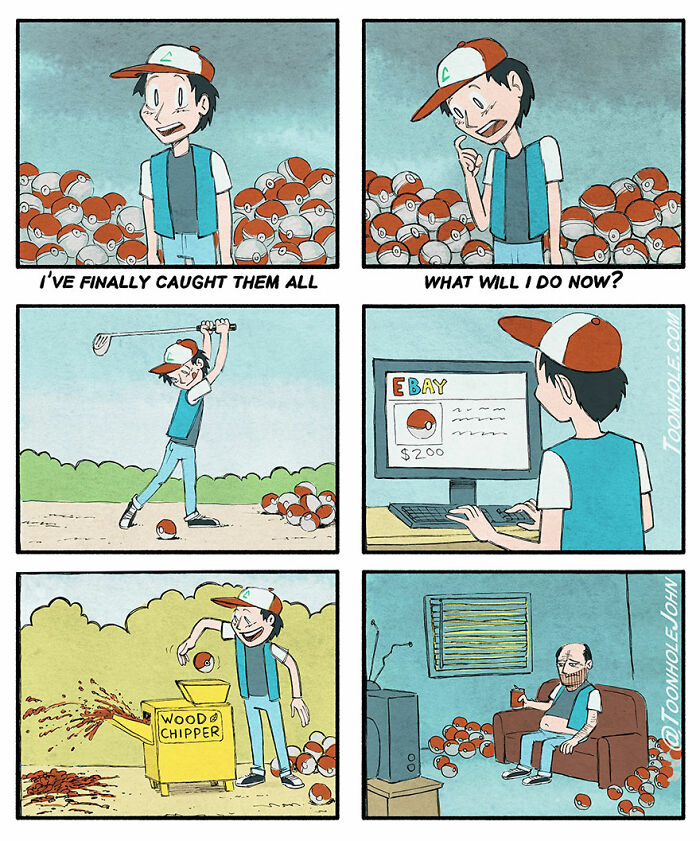 Dark humor comic by Toonhole John showing a man with many Pokeballs in various humorous scenes.