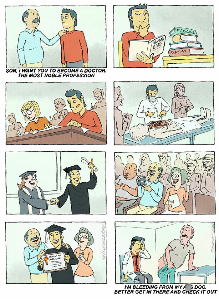 Dark humor comic by Toonhole John depicting a medical career journey from study to unexpected doctor scenes.