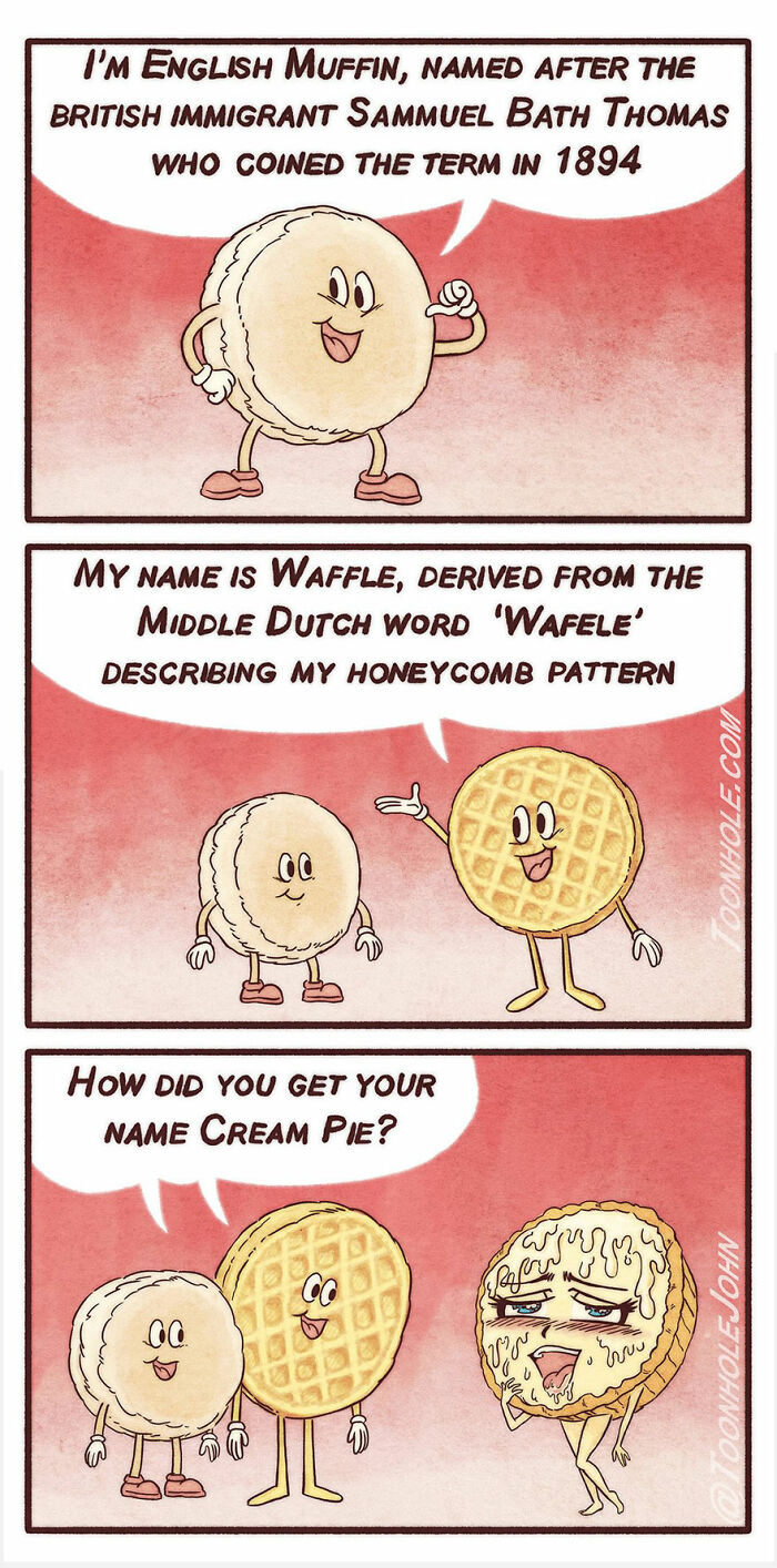 Comic strip with animated muffins and waffles using dark humor, part of new comics by Toonhole John fans might like.