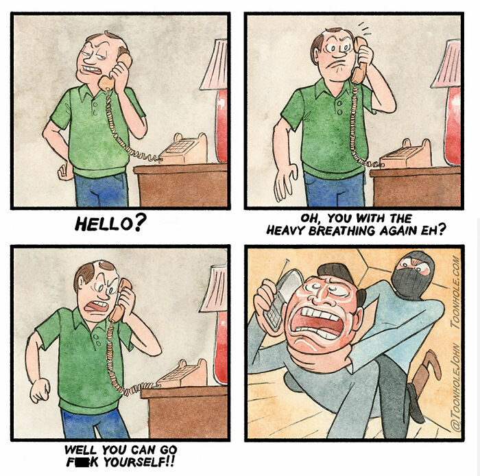 Comic strip by Toonhole John featuring dark humor with a man on the phone reacting to heavy breathing and a surprising twist.