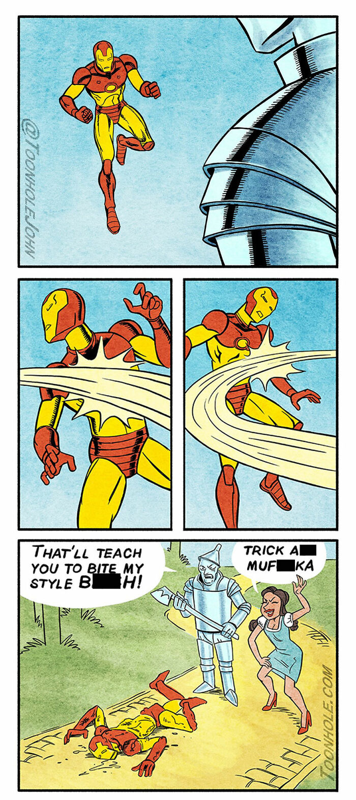 Comic with a superhero being punched by a tin man and woman, showcasing dark humor in Toonhole John's new comics.