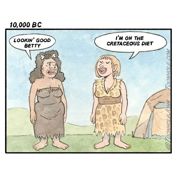Two cavemen women joking about the Cretaceous diet in a dark humor comic by Toonhole John.