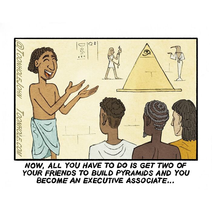 Dark humor comic showing a man explaining pyramid building to three listeners in an ancient Egyptian setting.