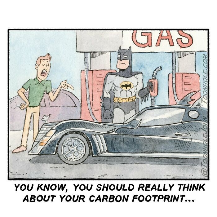 Batman holding a gas pump at a station next to his Batmobile with a man warning about carbon footprint in a dark humor comic.