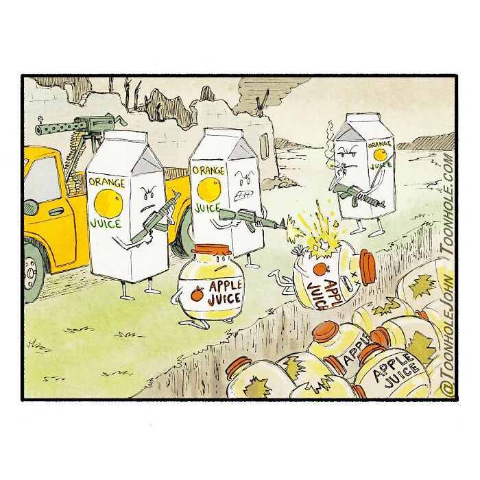 Orange juice cartons with guns attacking apple juice bottles in a dark humor comic by Toonhole John.