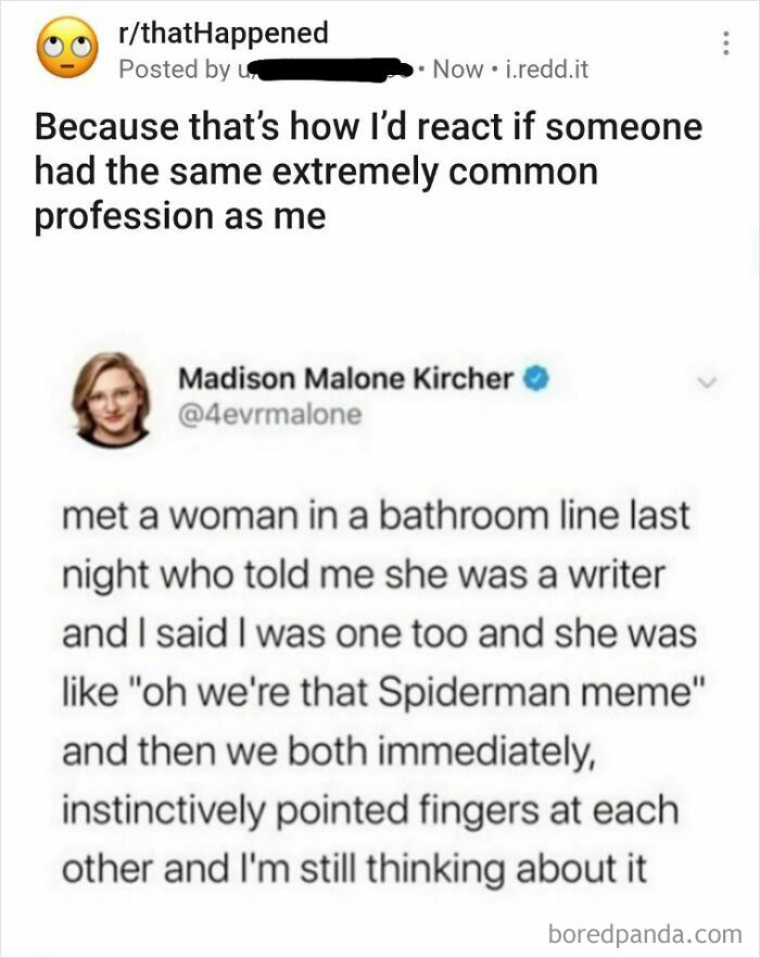 Reddit post from r/thatHappened about writers bonding over a Spiderman meme, illustrating people who question every story.