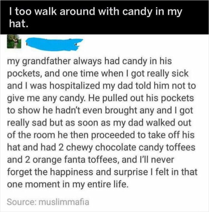 Online group call out post sharing a story about candy hidden in a hat, highlighting disbelief and surprise moments.