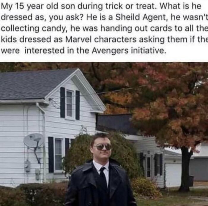 Teen dressed as Shield Agent handing out cards, shared in an online group that calls out skeptics and non-believers.