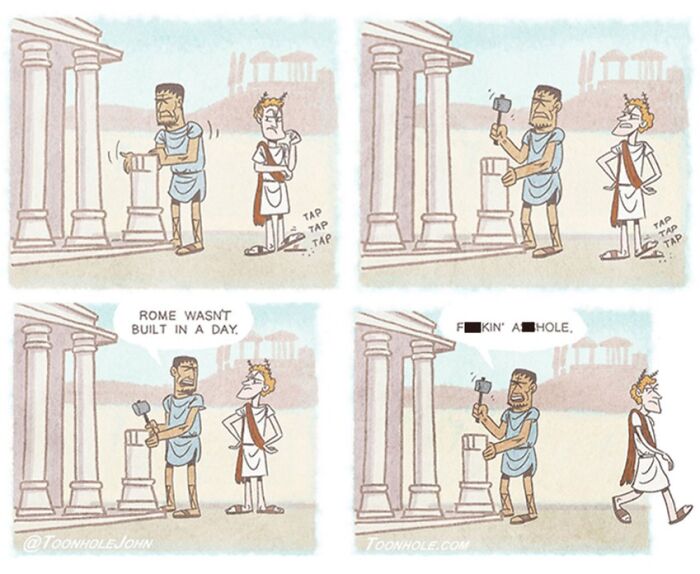 Ancient Romans in a dark humor comic by Toonhole John, depicting construction and a humorous insult.