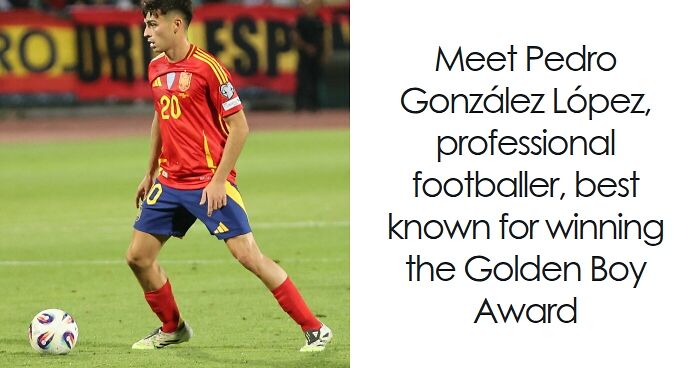 Pedri in Spain football kit controlling the ball on the field, illustrating bio and career highlights of the player