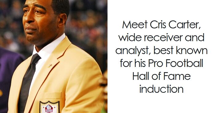 Cris Carter wearing a yellow Hall of Fame jacket, recognized for his bio and career highlights in football.