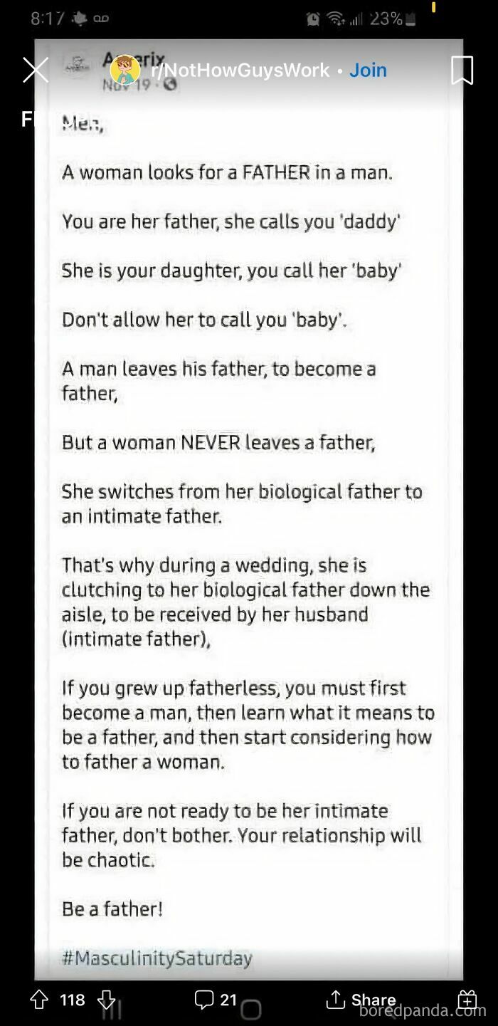 Text post about the concept of fatherhood and relationships involving women, highlighting cringe-worthy takes on women.